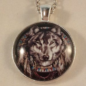 Men's Silver Gray Wolf Native Warrior Pendant Cabochon Chain Necklace Party Gift